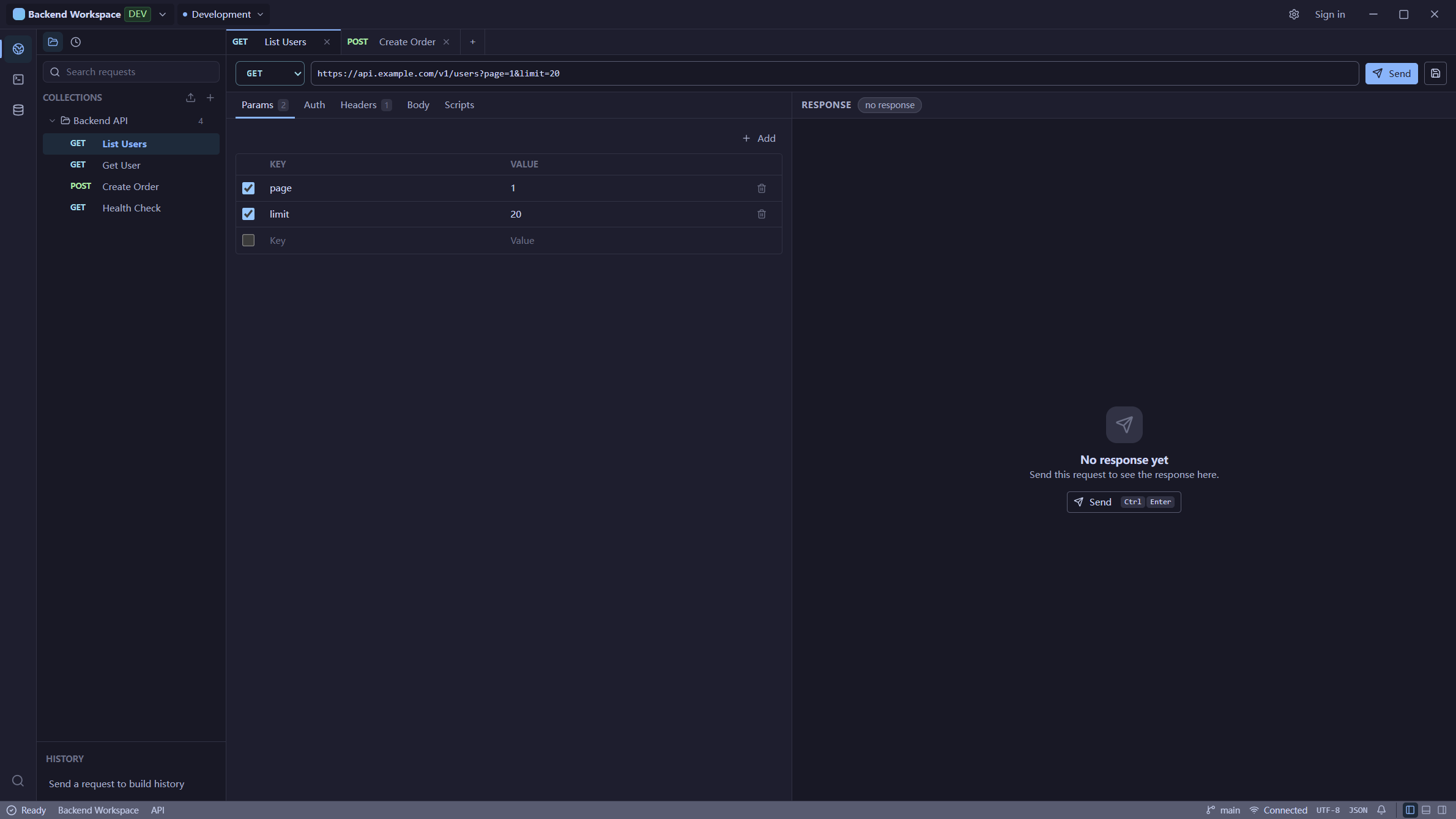 Unfour desktop workspace with API Client, collections sidebar, and workspace environment in one window